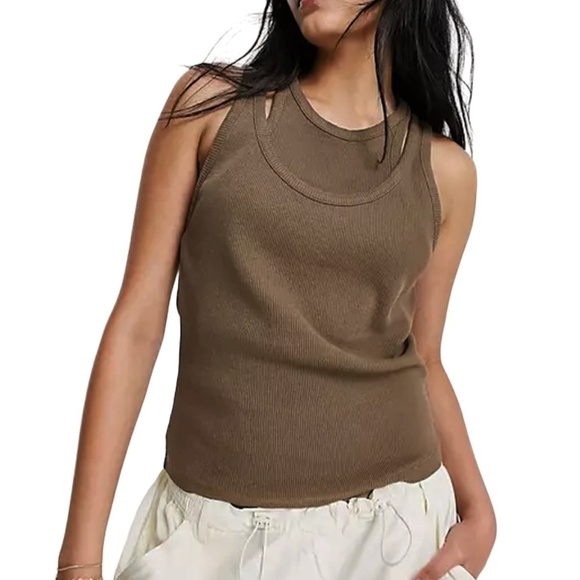 TOPSHOP Cotton Top Shirt Double Layer Design Ribbed Tank over Faux Halter NWOT - Picture 1 of 12
